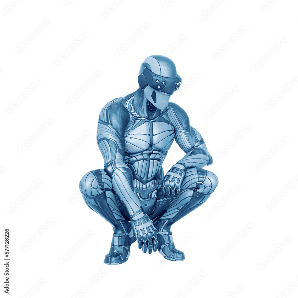 super hero in an exosuit is crouching and thinking about