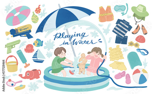 夏の水遊び・プールグッズセット　人物イラスト付き