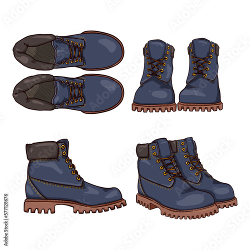 Blue Work Boots. Vector Set of Cartoon Shoes