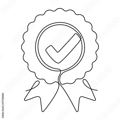 Award badge with checkmark continuous one line art drawing. Approval check ribbon contour line sign. Vector illustration isolated on white.