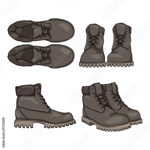 Gray Work Boots. Vector Set of Cartoon Shoes