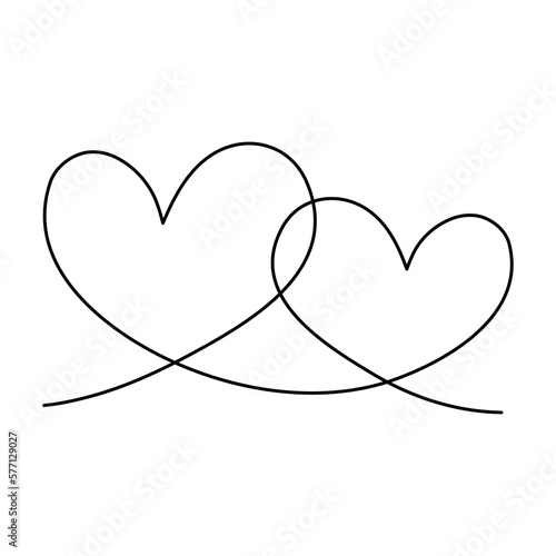 Two hearts continuous line art drawing. Double heart wavy line. Vector illustration isolated on white.