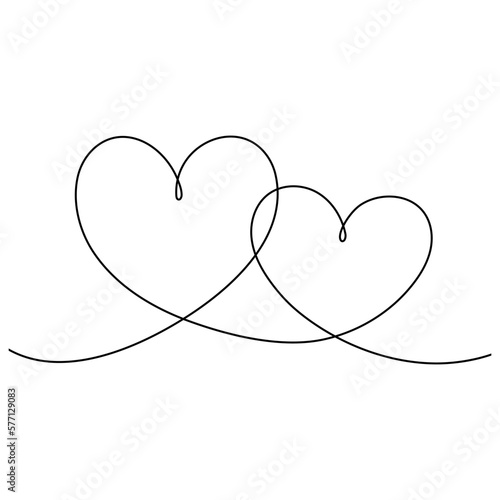Two hearts continuous line art drawing. Double heart wavy line. Vector illustration isolated on white.