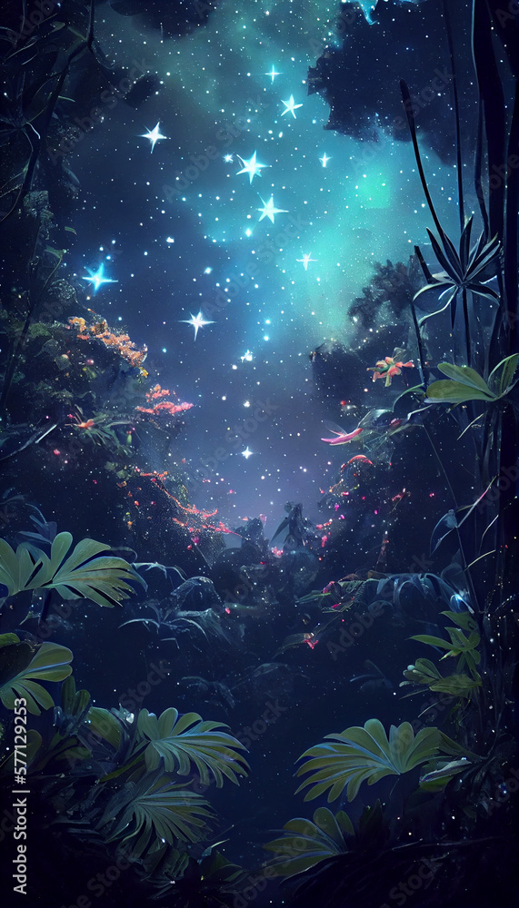 Star - filled cosmic lush verdant jungle full of stars with exotic bioluminescent flowers,the most beautiful image ever seen