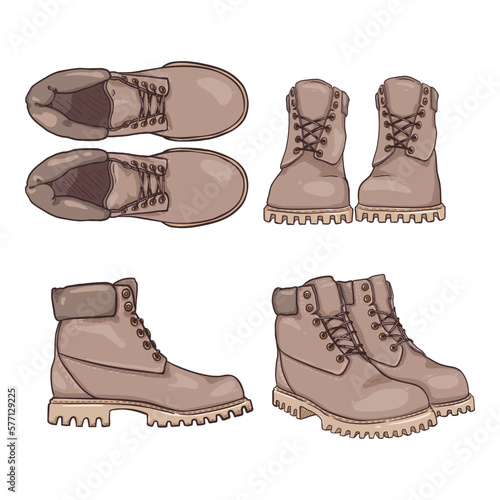 Light Gray Work Boots. Vector Set of Cartoon Shoes Illustrations