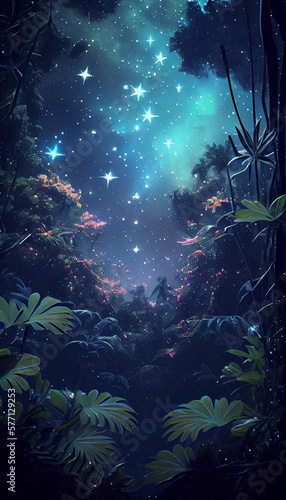Star - filled cosmic lush verdant jungle full of stars with exotic bioluminescent flowers the most beautiful image ever seen