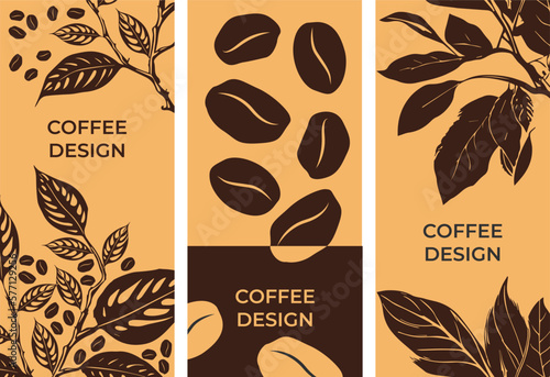 Set of flyers on the theme of coffee, coffee leaves, coffee grains, coffee colors. Flyer, card, banner design.