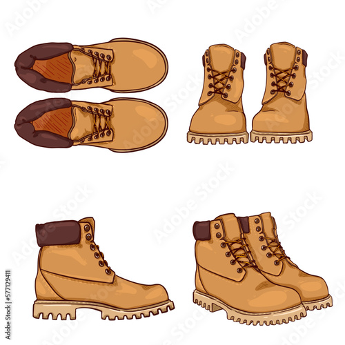 Yellow Work Boots. Vector Set of Cartoon Shoes