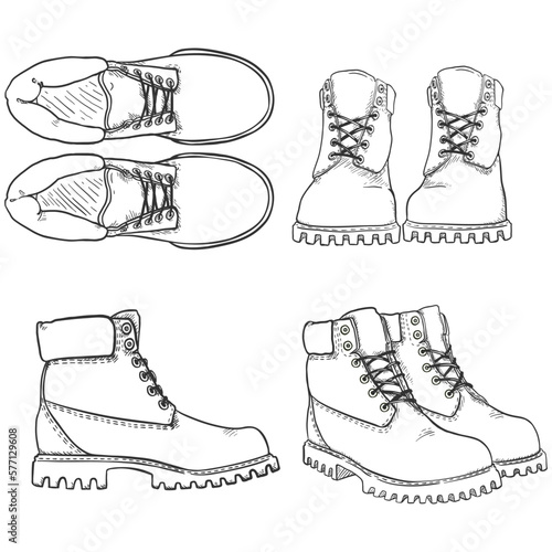 Work Boots. Vector Set of Sketch Shoes