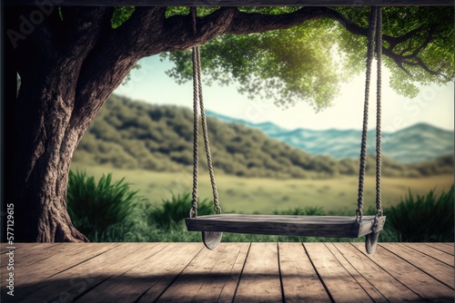 Wooden swing hanging on the tree with nature background photo