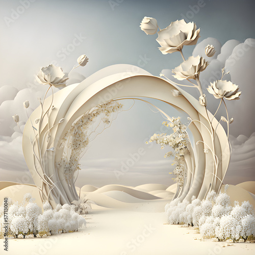 ivory arch with 3D flowers in the clouds