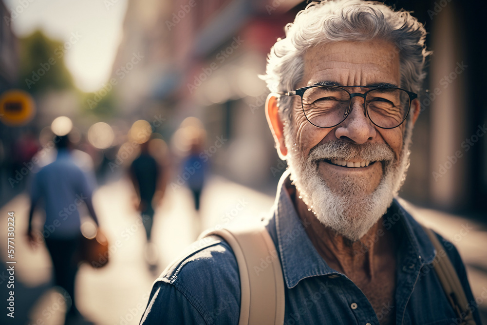 Smiling handsome Caucasian man in his 60s with white hair, beard and glasses with backpack enjoying life travelling on a city street during the day. Generative AI Smiling handsome Caucasian man in his 60s with white hair, beard and glasses with backpack enjoying life travelling on a city street during the day. Generative AI