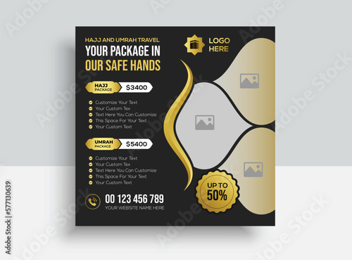 Social media post travel hajj and umrah,
Hajj and umrah promotion Premium Vector,
Islamic poster social media template.