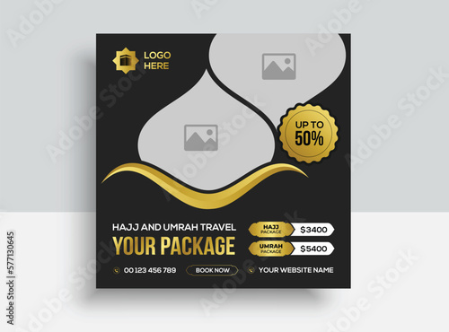 Social media post travel hajj and umrah,
Hajj and umrah promotion Premium Vector,
Islamic poster social media template.
