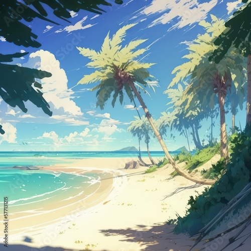 Beautiful beach with palm trees. Digital art. Illustration painting. Blue sea with big sky. Generative AI. © SaraY Studio 