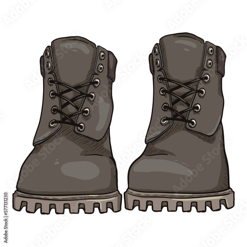 Cartoon Gray Work Boots. Front View Vector Illustration