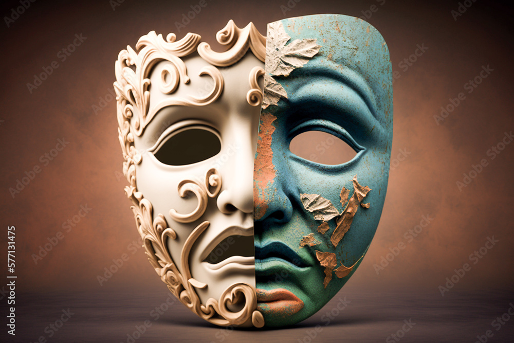 A theatre mask with one half depicting tragedy and the other half depicting comedy made with Generative AI