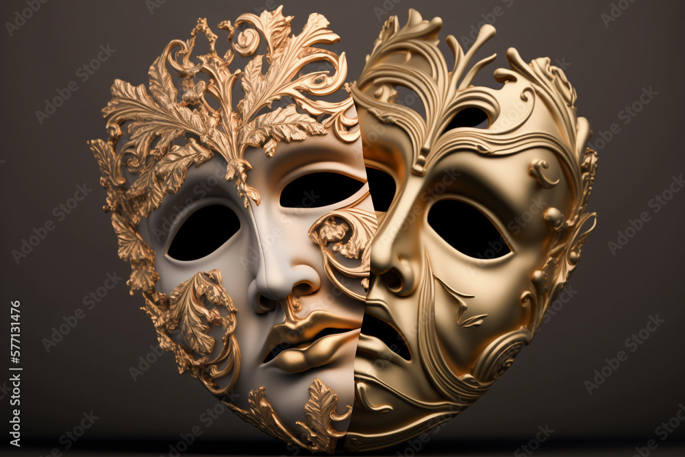 A theatre mask with one half depicting tragedy and the other half depicting comedy made with Generative AI