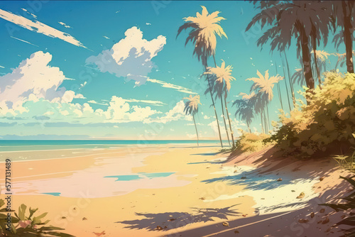 Beautiful beach with palm trees. Digital art. Illustration painting. Blue sea. Generative AI. © SaraY Studio 