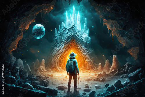 illustration painting of the explorer came to a spooky environment with diamonds, 3D illustration. (ai generated) photo