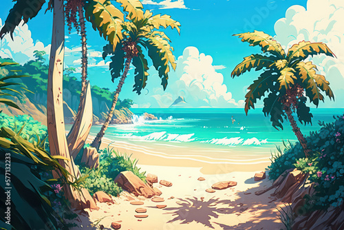 Beautiful beach with coconut trees. Generative AI.
