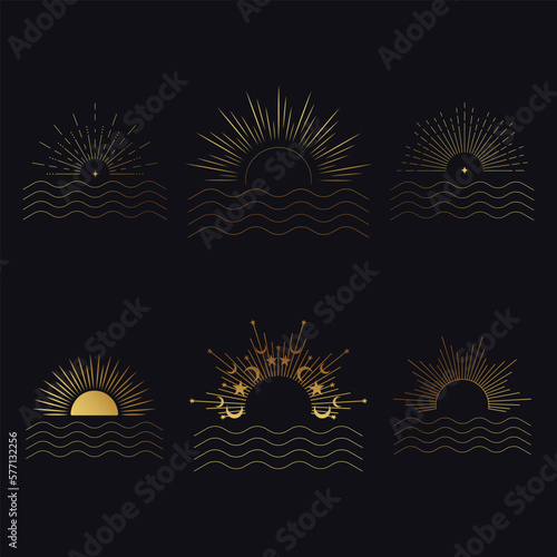 Bohemian sunset and ocean waves vector icons set. Vector set of linear boho icons and symbols. Sun logo design templates. Abstract design elements for jewelry inminimalist style for social media posts