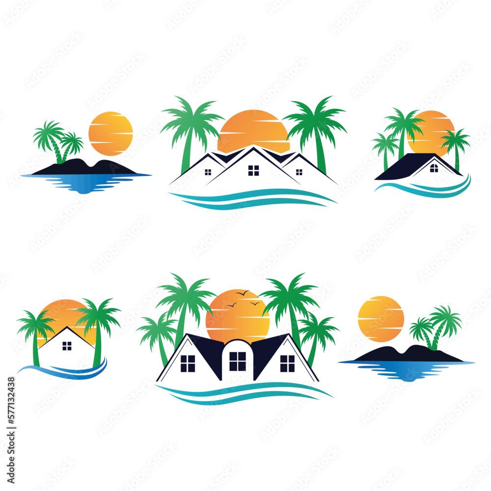 Vector logo template with travel emblems - abstract summer and vacation icon and emblem for vacation rentals, travel services, tropical spas and resorts. Tropical logo emblems set - obrazy, fototapety, plakaty 