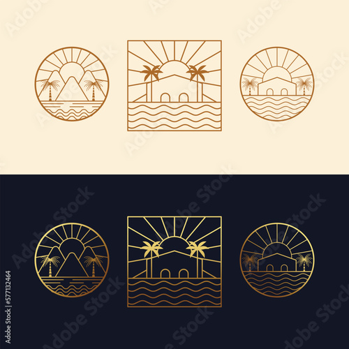 Vector logo template with travel emblems - abstract summer and vacation icon and emblem for vacation rentals, travel services, tropical spas and beauty studio. Tropical emblems set