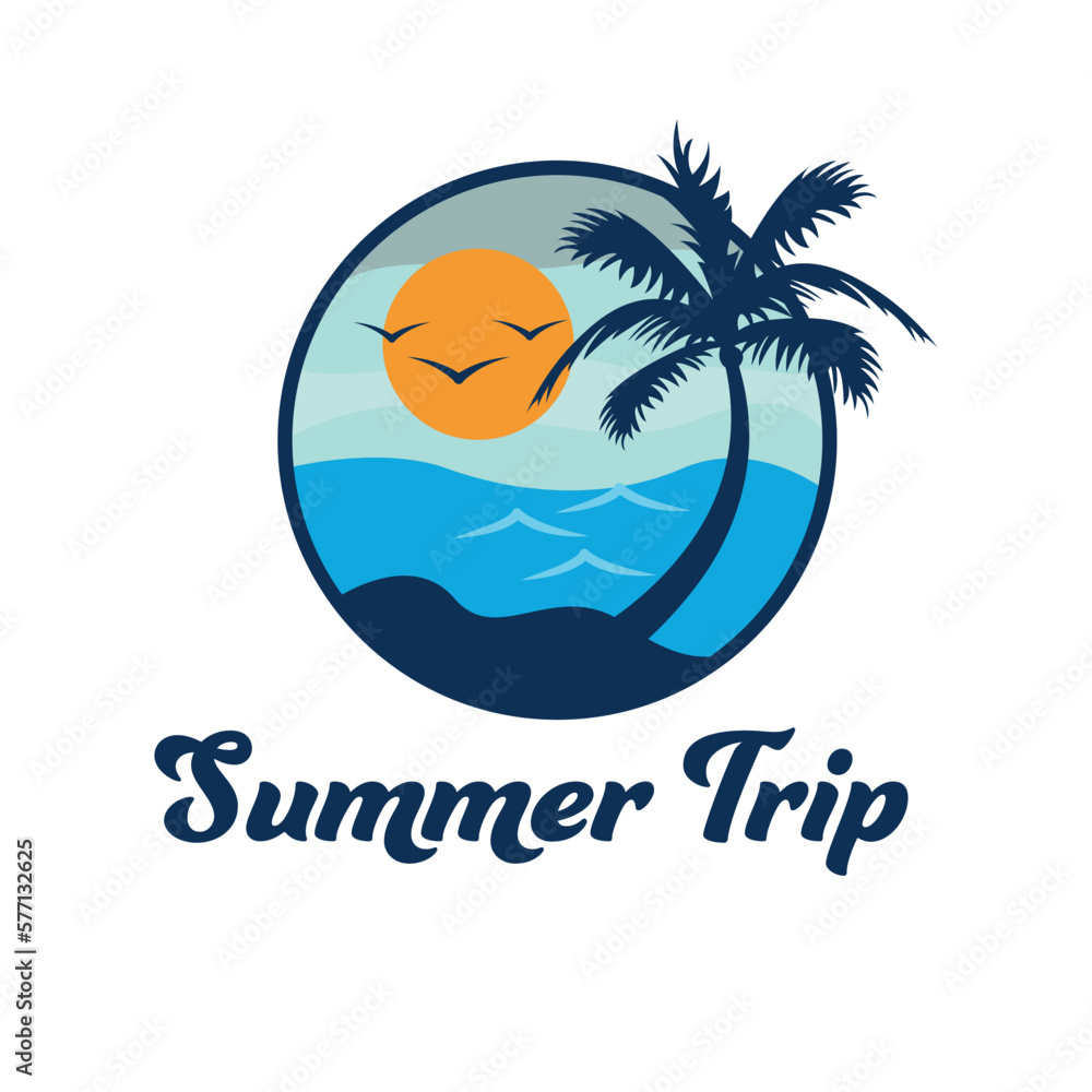 Summer trip logo design. Island landscape tropical logo. Palm, sun and ocean travel logotype.