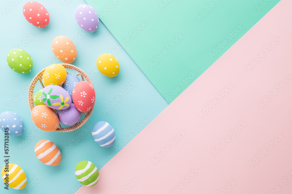Easter Day celebrate time with easter eggs on pastel background for top view Easter Day celebrate time with easter eggs on pastel background for top view
