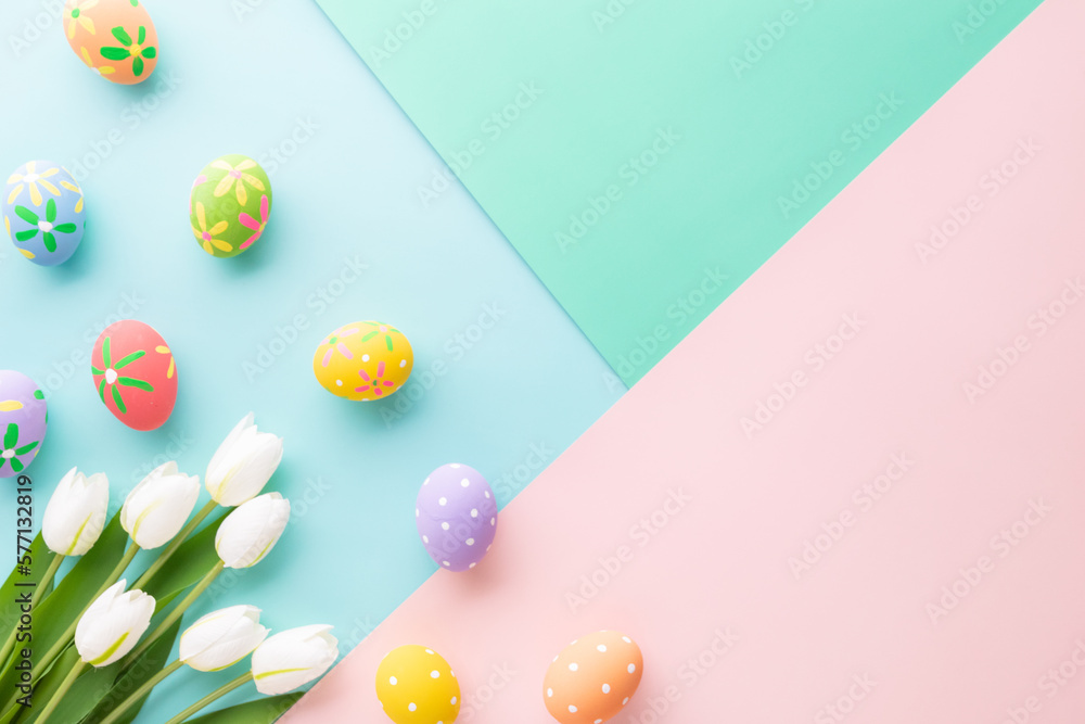 Easter Day celebrate time with easter eggs on pastel background for top view