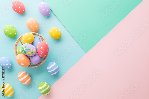 Easter Day celebrate time with easter eggs on pastel background for top view