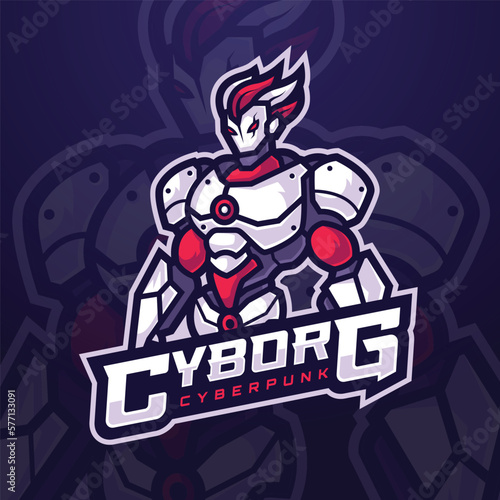 Futuristic cyborg robot mascot character Logo for e-sports tournament or gaming team