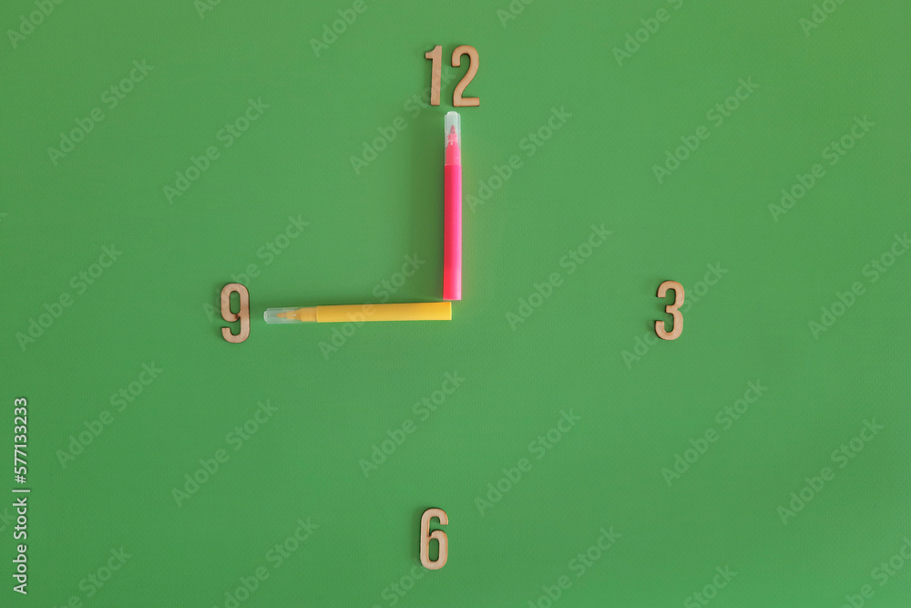 9 o'clock, morning. Watch face with the concept of lesson schedule, daily routine at school