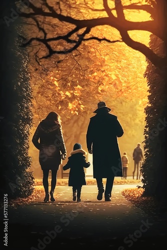 Silhouette of family of three walking in the park by autumn. Generative AI vertical illustration