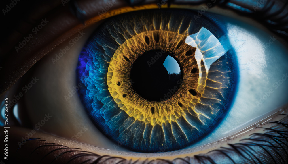 Blue and yellow eye close up with dramatic light, made with Generative AI