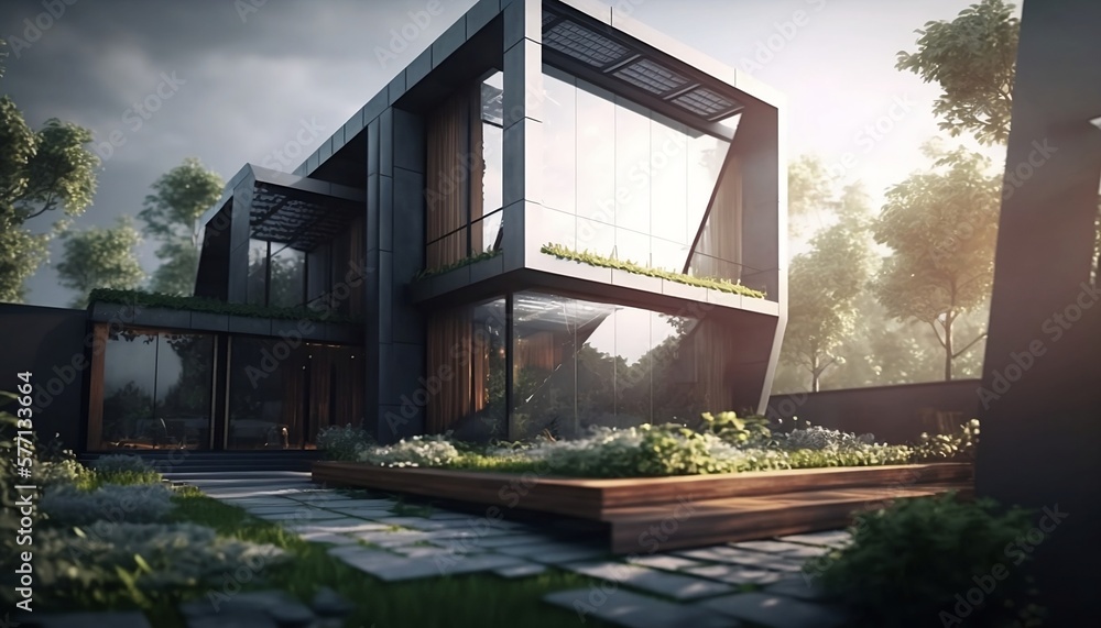 Fototapeta premium Modern House with Solar Panels and Natural Surroundings. Generative AI.