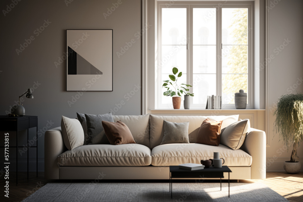 Fototapeta premium A modern living room designed for a relaxed lifestyle created with Generative AI