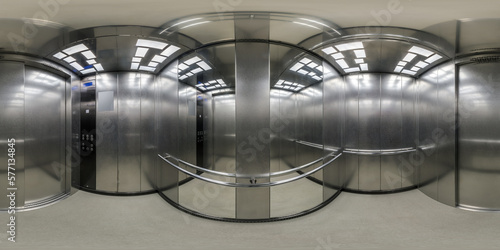 360 hdri panorama inside interior of metal service elevator lift room with mirror in equirectangular spherical seamless projection, VR content