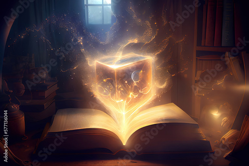 Attractive The magic of knowledge, the opening of the old big book in the library. Generative Ai