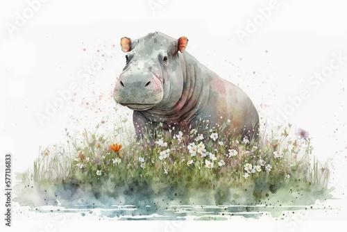 Watercolor painting of a peaceful hippo in a colorful flower field. Ideal for art print, greeting card, springtime concepts etc. Made with generative AI. 