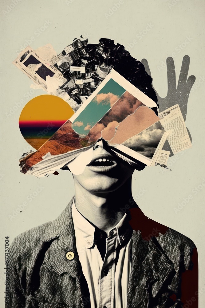 Abstract contemporary art black and white portrait of woman. Various colored objects on the face