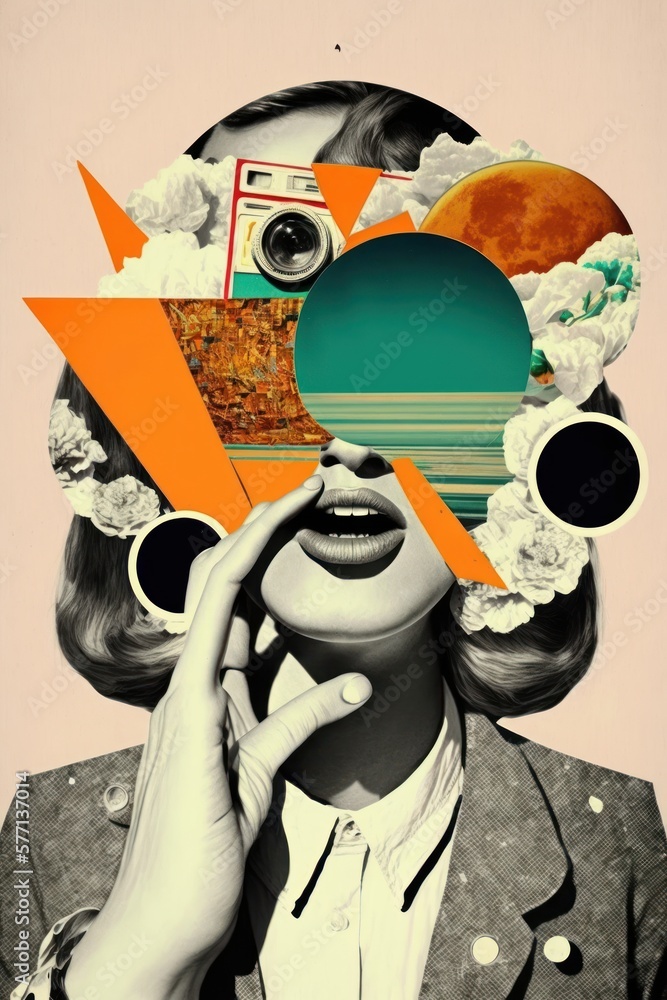 Abstract contemporary art black and white portrait of woman. Various colored objects on the face