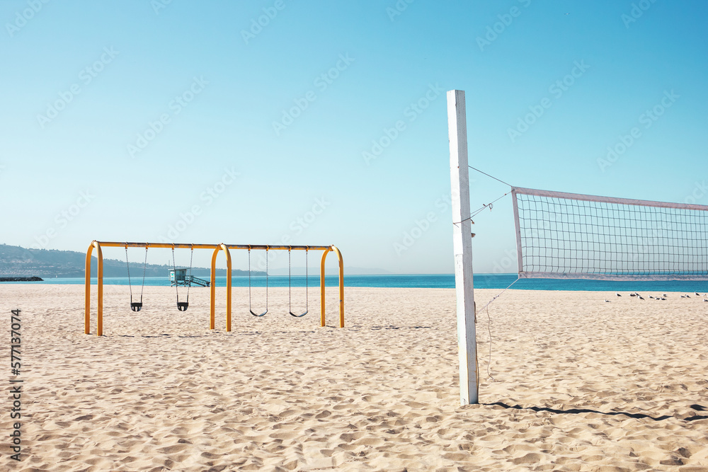 On Hermosa Beach, there are several volleyball nets, a swing set playground and lifeguard towers available. On Hermosa Beach, there are several volleyball nets, a swing set playground and lifeguard towers available.