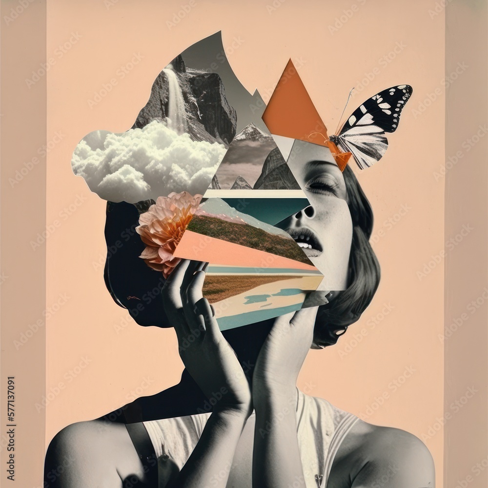 Abstract contemporary art black and white portrait of woman. Various colored objects on the face