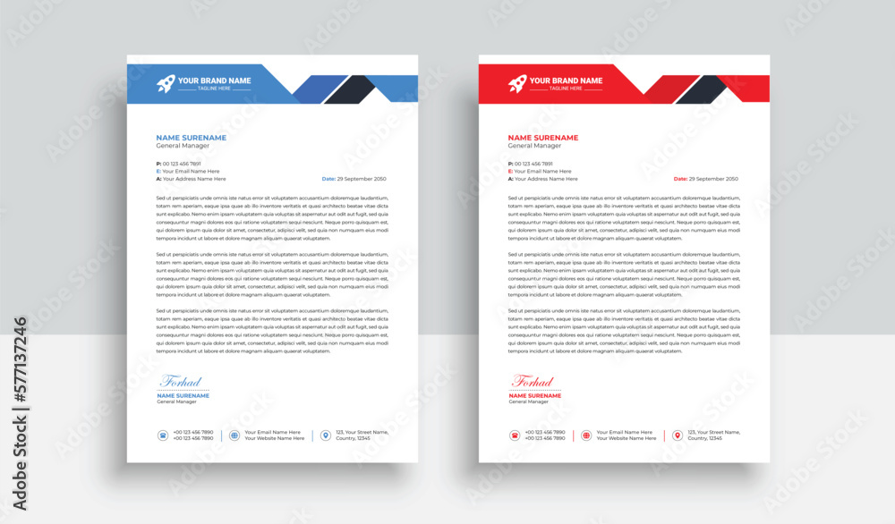 Clean and professional corporate company business letterhead template design with color variation bundle with blue, red elements and creative business stationery layout