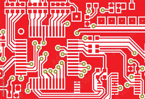 Tracing the conductors of a multilayer 
printed circuit board. Vector drawing of 
printed tracks, transition holes, contact 
pads and metallization areas. 
Electronic circuit board with components