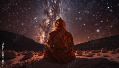 Buddhist monk meditating under star night sky