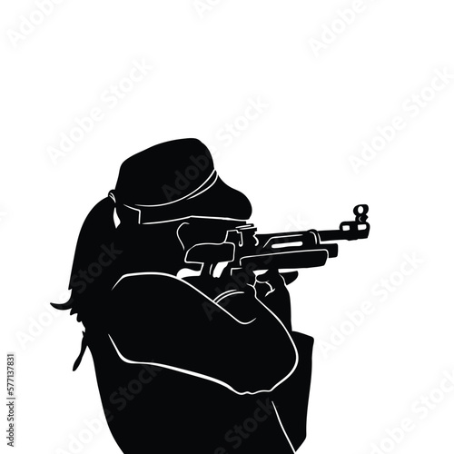 Trap shooting, aiming athlete with gun, isolated vector silhouette. Ink drawing