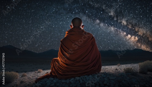 Buddhist monk meditating under star night sky